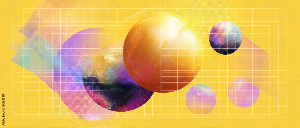 Poster modern abstract space art with planetary orbits and digital grid overlay premium design for creative