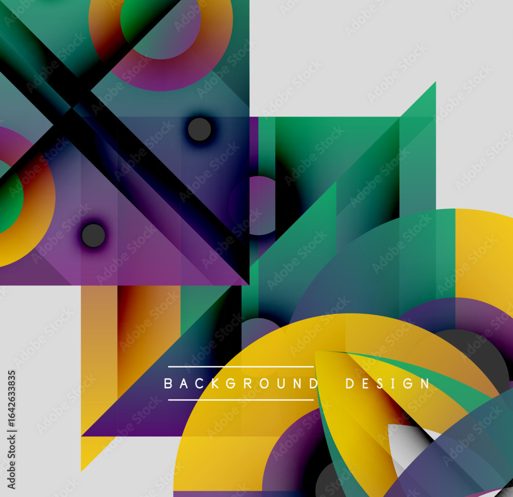 Poster abstract geometric shapes overlap. vibrant colors create dynamic composition. modern design elements