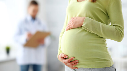 Pregnant woman in a doctor s office with a medical professional in the background