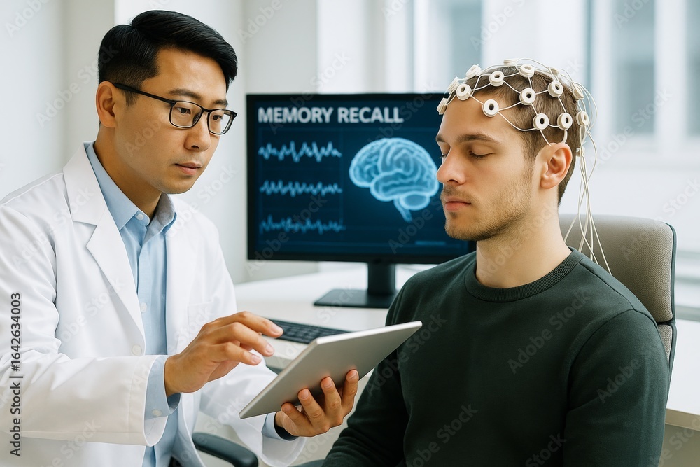 Poster neurologist conducting brainwave test on patient using eeg headset during memory research session in