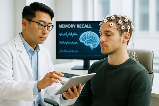 Neurologist conducting brainwave test on patient using EEG headset during memory research session in clinical science lab with modern tech background. Ai generative