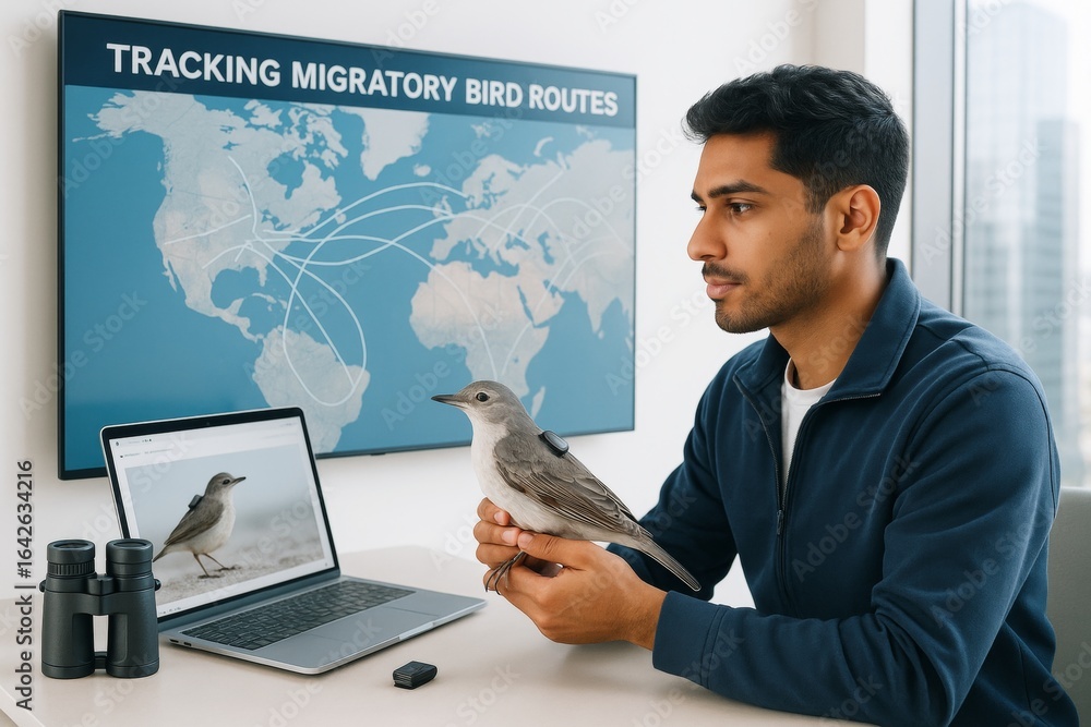 Poster scientist holding tagged bird while analyzing migration data on laptop with world map in background 