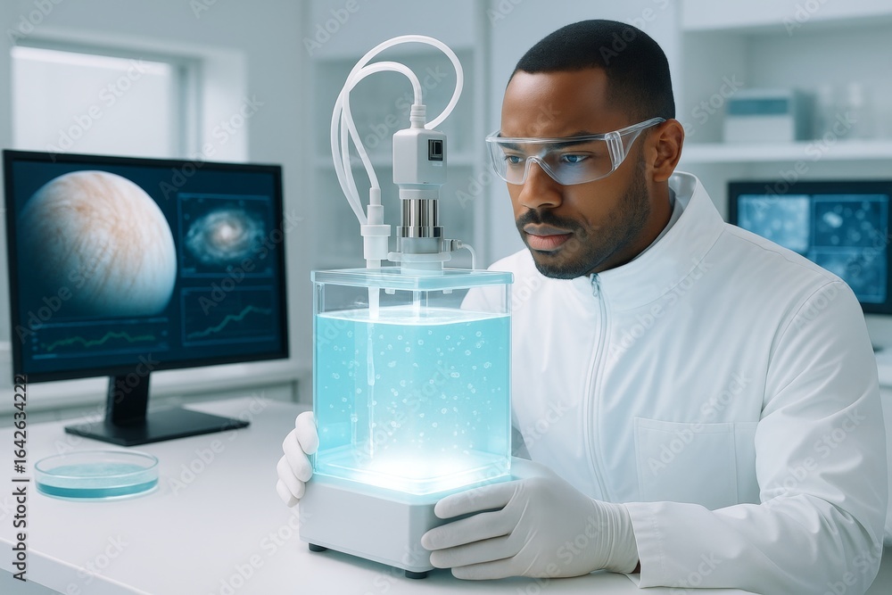 Poster scientist analyzing glowing liquid in futuristic laboratory with digital space data background, illu