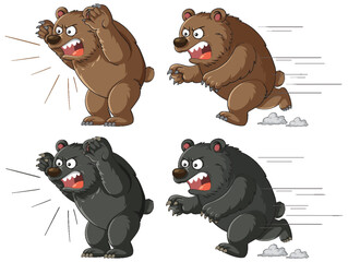 Cartoon Bears Running and Roaring in Action Poses