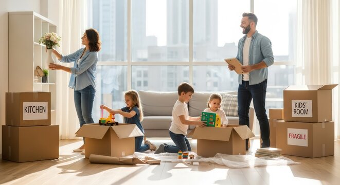 Happy Family Moving into New Home Unpacking Boxes in Living Room - Powered by Adobe