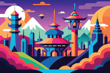 Fototapeta premium Photo of a vibrant and colorful cityscape featuring unique architecture and towering buildings, creating a modern and artistic urban landscape