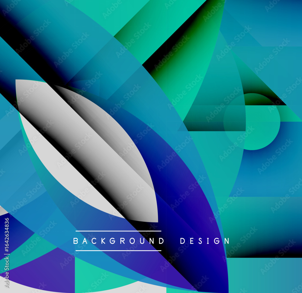 Poster abstract geometric shapes overlap, creating vibrant blue, teal gradients. modern design features glo