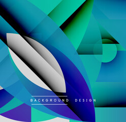 Abstract geometric shapes overlap, creating vibrant blue, teal gradients. Modern design features glossy highlights, dynamic composition.