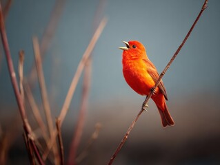 Vibrant Songbird Calling on Thin Branch Premium Authentic Wildlife Content for Nature Marketing and Birdwatching Social Media Campaigns