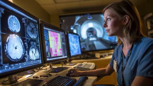 Closeup of radiation therapist monitoring advanced imaging screens while positioning patient enhancing precision in external beam radiation therapy procedures.
