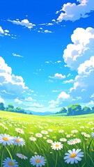 Obraz premium Beautiful bright blue sky with large fluffy white clouds over a lush green meadow filled with blooming daisies and vibrant grass on a sunny day