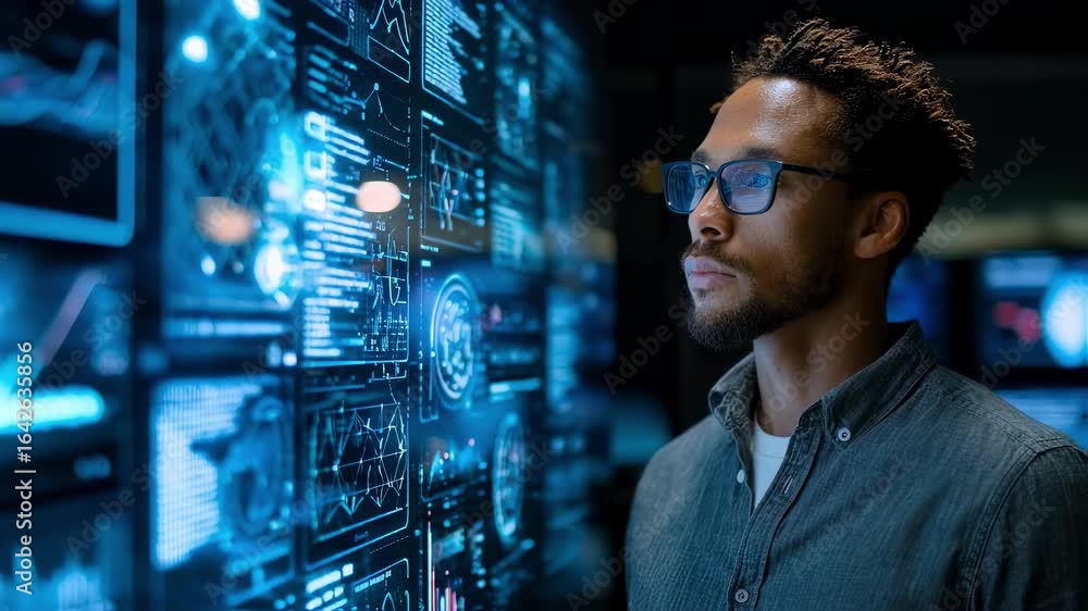 Poster focused machine learning expert interacting with a touch interface in a hightech pod experimenting w
