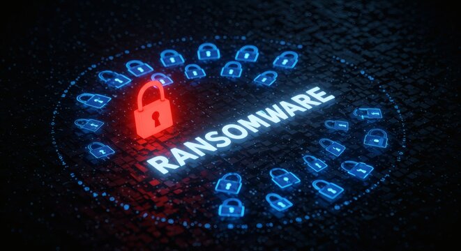 Ransomware Attack Glowing red padlock on digital circuit background.