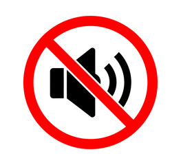 This clear vector graphic of a no sound symbol, featuring a mute icon in a red prohibition sign, signifies silent mode, a quiet area, or no volume.