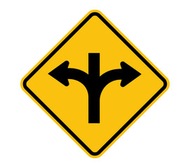 Crossroads ahead, a warning sign for a y-intersection illustrating a critical decision, choice, and path direction.