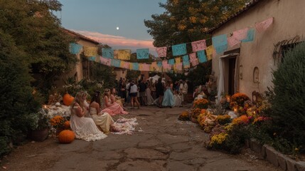 Fototapeta premium Authentic Dia de los Muertos Mexican Courtyard Celebration Premium Festive Evening Lifestyle Content for Family Marketing and Social Media Campaigns
