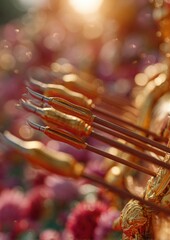 Naklejka premium Premium Traditional Dussehra Bow and Arrows with Ornate Weapon Display for Authentic Festival Marketing and Social Media Campaigns Inspiring Cultural Connection