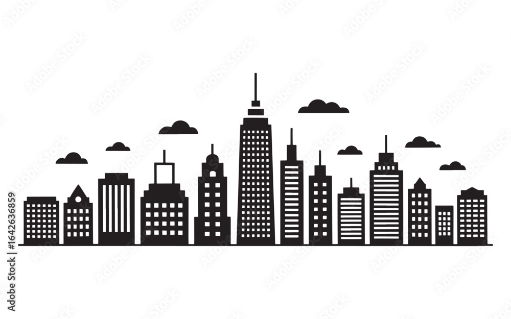 Poster monochromatic skyline silhouette featuring an array of modern buildings and sparse cloud cover again