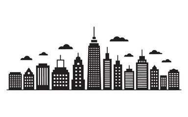 Obraz premium Monochromatic Skyline Silhouette Featuring an Array of Modern Buildings and Sparse Cloud Cover Against a Clean Background, Cityscape Depiction