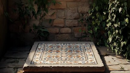 Time-lapse of sunlight and shadows moving over an ancient mosaic tile bench in a stone courtyard - Powered by Adobe