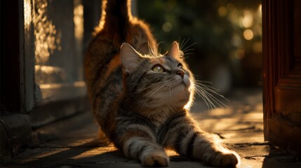 Tabby cat stretching outdoors