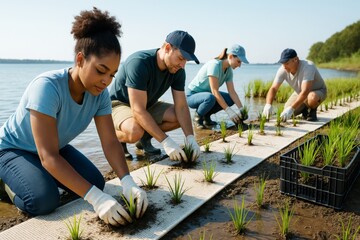 Group of diverse volunteers planting rice seedlings in wet soil along a riverbank under bright daylight, showing teamwork and sustainability concept. Ai generative