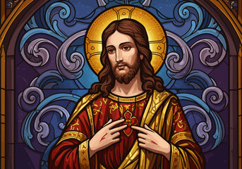 Naklejka premium Stained Glass Depiction of Jesus Christ with Halo and Red Robe.