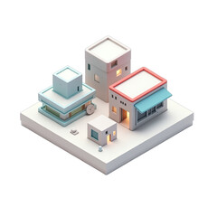 Small, stylized buildings in a simplified urban setting.
