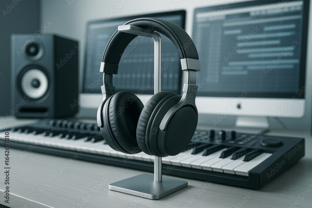 Aufkleber modern headphones on sleek stand in music production workspace with keyboard and dual monitor setup 