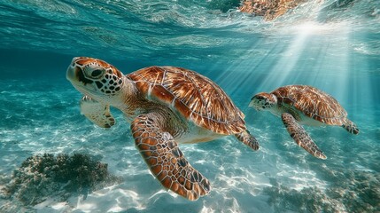 Obraz premium Sea Turtles Swimming in Tropical Ocean/熱帯の海を泳ぐウミガメ3