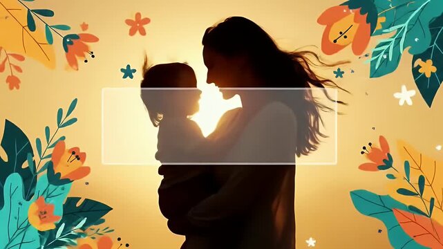 Silhouetted mother and toddler embrace at sunset, framed by vibrant floral designs.