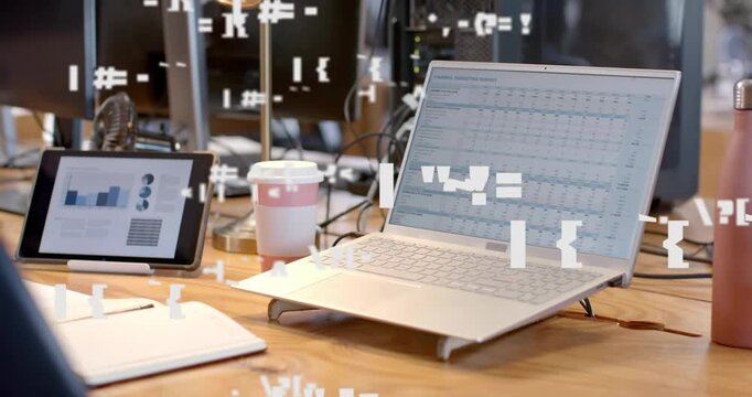 Animated glitch fragments appearing at left, floating across laptop, tablet to show data disruption