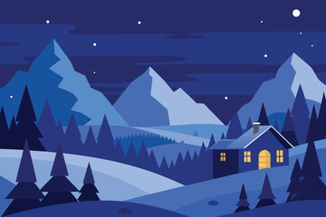 Fototapeta premium Photo of a cozy house nestled in a snowy winter landscape under a starry night sky, surrounded by mountains and trees in a serene and peaceful scene