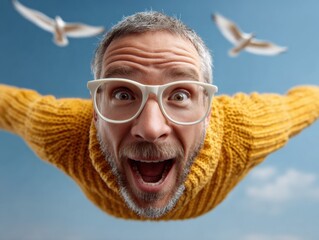 Authentic Man Falling Through Air Screaming in Fear with Birds and Clouds Background Premium Content for Mental Health and Anxiety Campaigns