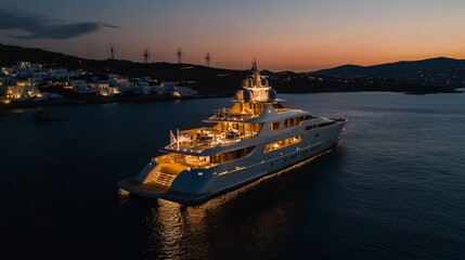 Diagonal drone shot of luxury vessel anchored in secluded Mykonos bay, sophisticated exterior lighting highlighting five decks, helipad with LED landing markers, warm deck lights contrasting with