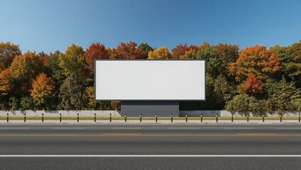 A large blank billboard stands beside an empty road and colorful autumn trees