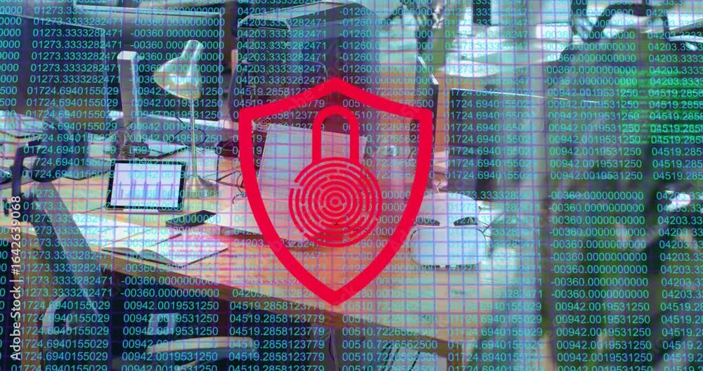 Poster opening desk shot with scrolling code and shield icon cycling red, green to signal security state