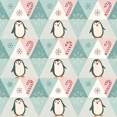 Geometric penguins with candy canes, muted tones, repeat pattern.

