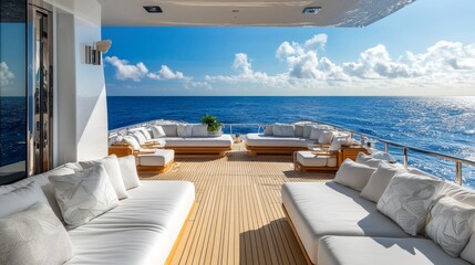 Forward deck lounging area master crafted teak flooring geometric patterns marine-grade steel fittings plush white waterproof upholstery crystalline tropical waters surrounding panoramic ocean vista