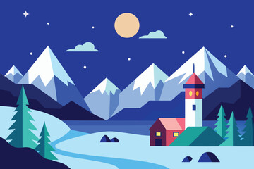 Fototapeta premium Photo of a serene winter landscape featuring snowcapped mountains, a quaint house with a tower, and a starlit night sky, creating a peaceful scene