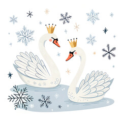 Elegant swans with crowns and snowflakes, Scandinavian minimal style.
