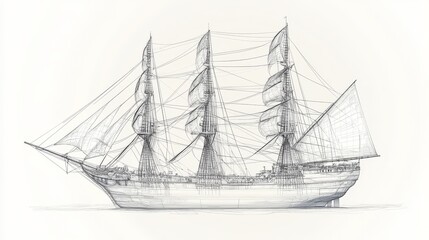Intricately detailed sailing ship blueprint style technical drawing vintage naval vessel wooden tall ship rigging sails ropes detailed deck planks fine line illustration cross section view