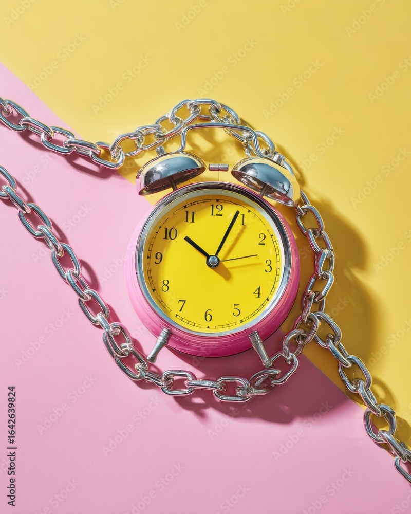 Poster modern vintage alarm clock with heavy chain symbolizing time constraints and urgency premium concept