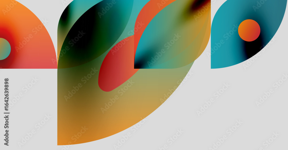 Poster abstract shapes overlap, creating vibrant color blends. smooth gradients define forms, suggesting mo