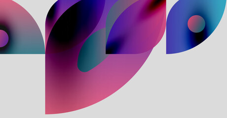 Abstract shapes overlap, creating vibrant color blends. Pink, blue, purple hues dominate white background. Modern design elements present.