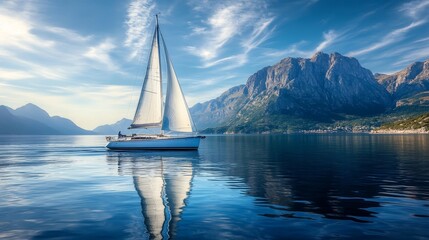 Obraz premium Luxury sailboat cruising peaceful waters, towering rocky mountains in background, pristine white sails catching wind, deep blue ocean reflections, wispy cirrus clouds in clear sky, afternoon golden