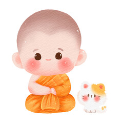 Cute Little Novice Monk Sitting with Cat Watercolor Illustration on Blue Background