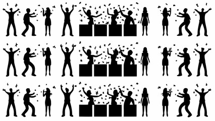 Silhouetted figures celebrating with confetti in multiple rows and celebratory poses and podiums shown