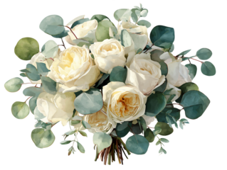 Bouquet of white and ivory roses and eucalyptus leaves, PNG