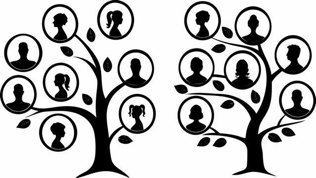 Two stylized family trees with silhouette portraits of family members in circles and leaves around branches